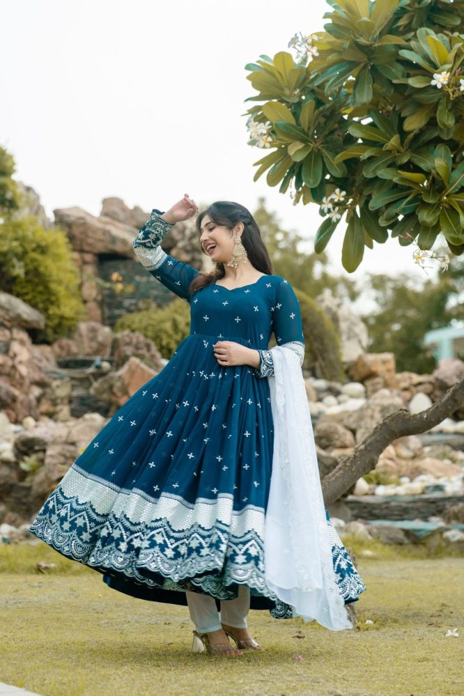Navy Blue Embroidered Anarkali with White Dupatta
