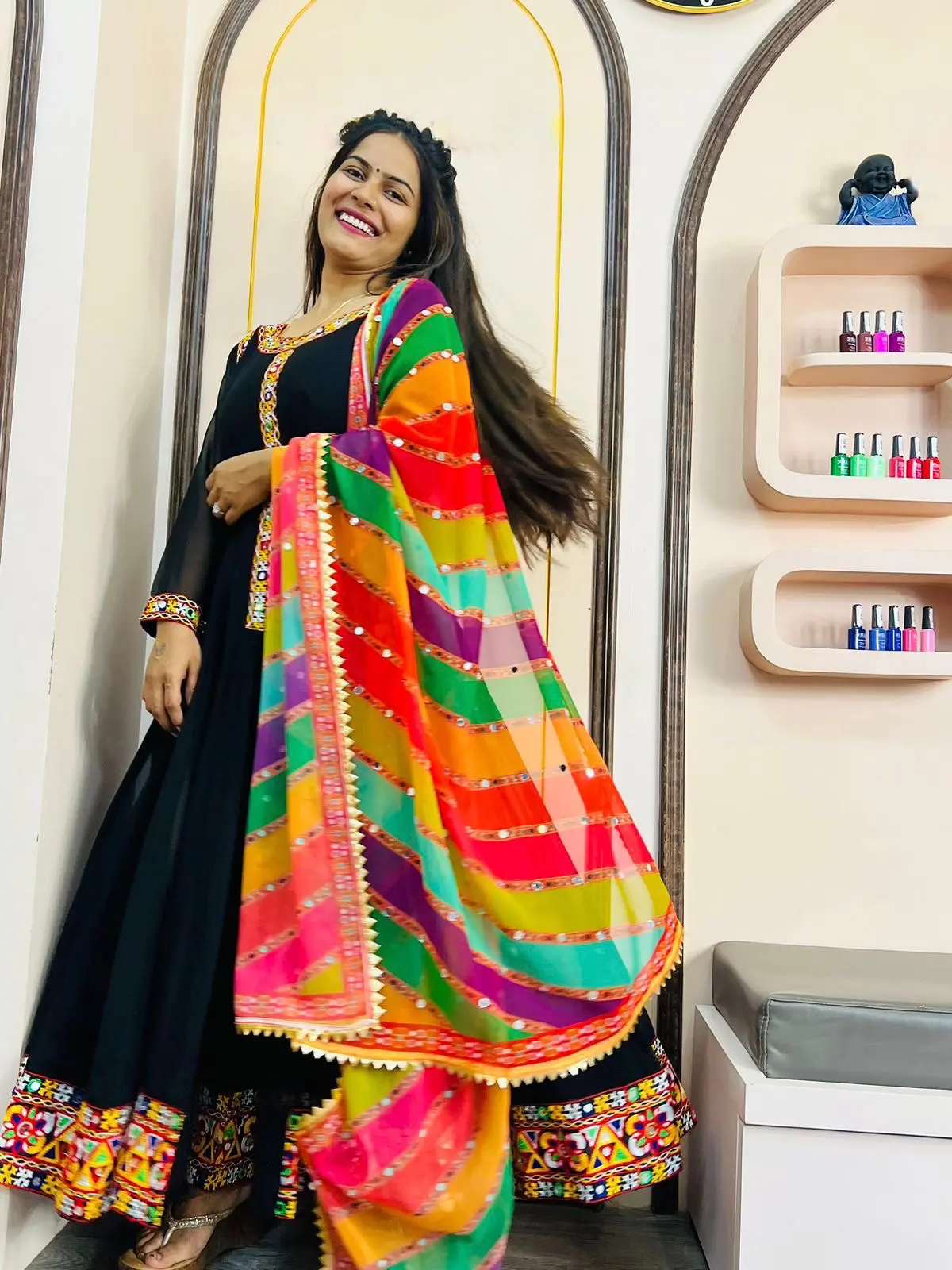 Midnight Elegance Multicolor Embroidered Anarkali Suit with Rainbow Dupatta