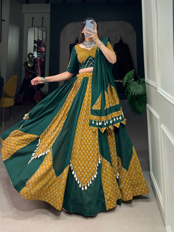 Navratri Special Emerald Gold Geometric Lehenga Choli