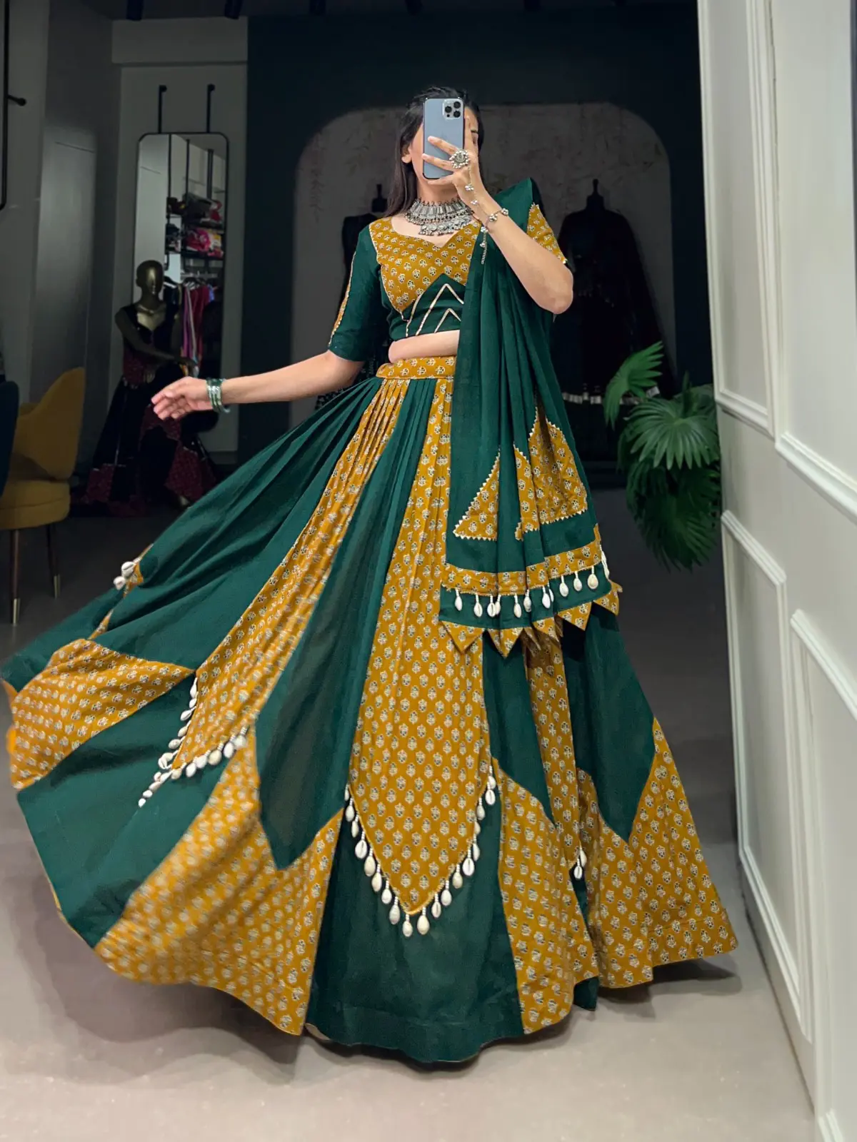 Navratri Special Emerald Gold Geometric Lehenga Choli
