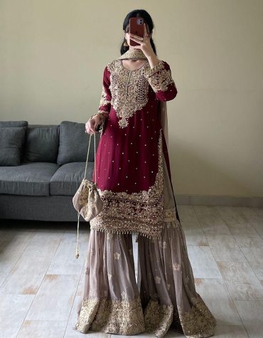Wine Georgette Embroidered Kurti Sharara Set With Heavy Dupatta