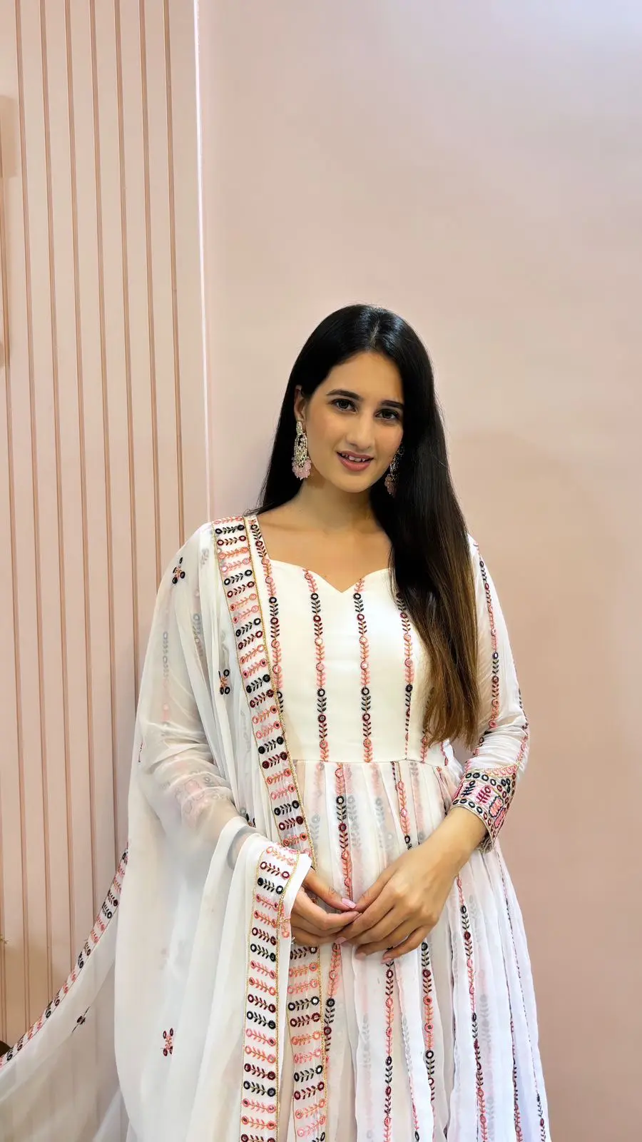 Elegant Ivory Embroidered Anarkali Suit with Floral Motifs