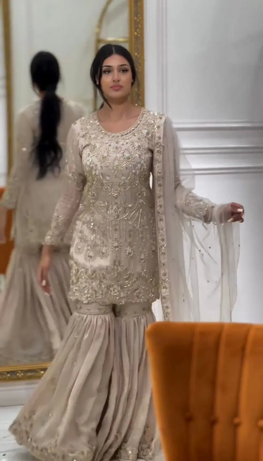 Elegant Gold Embroidered Sharara Set with Intricate Detailing