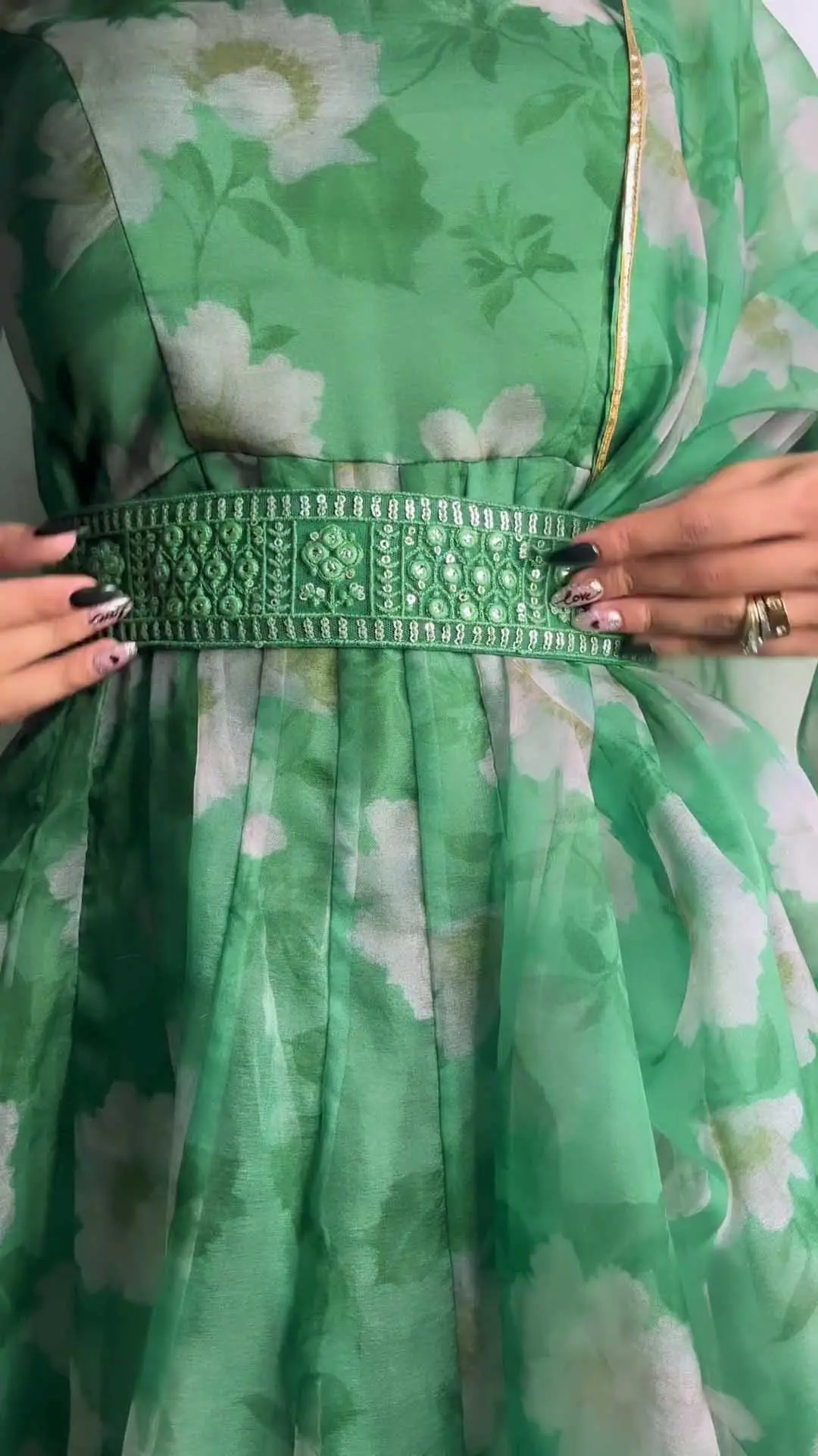 Mystic Green Organza Anarkali with Embroidery Belt