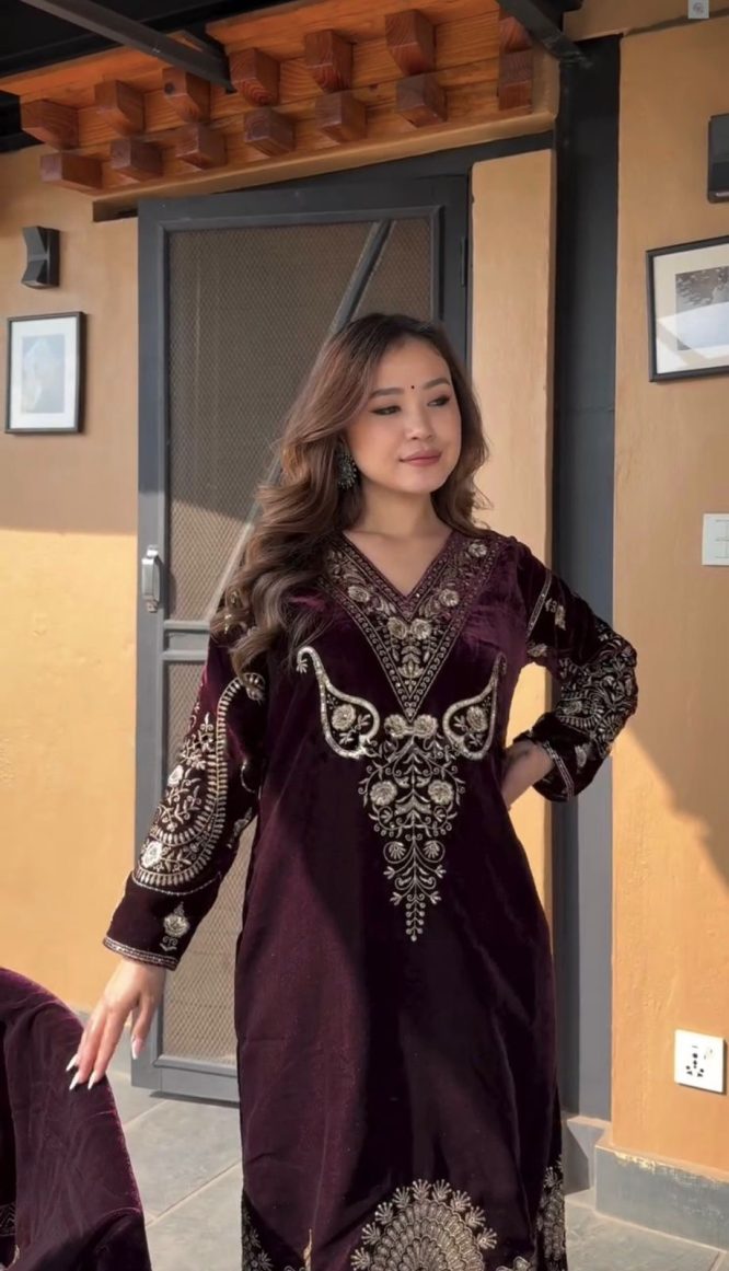 Imperial Maroon Velvet Ensemble with Exquisite Gold Embroidery