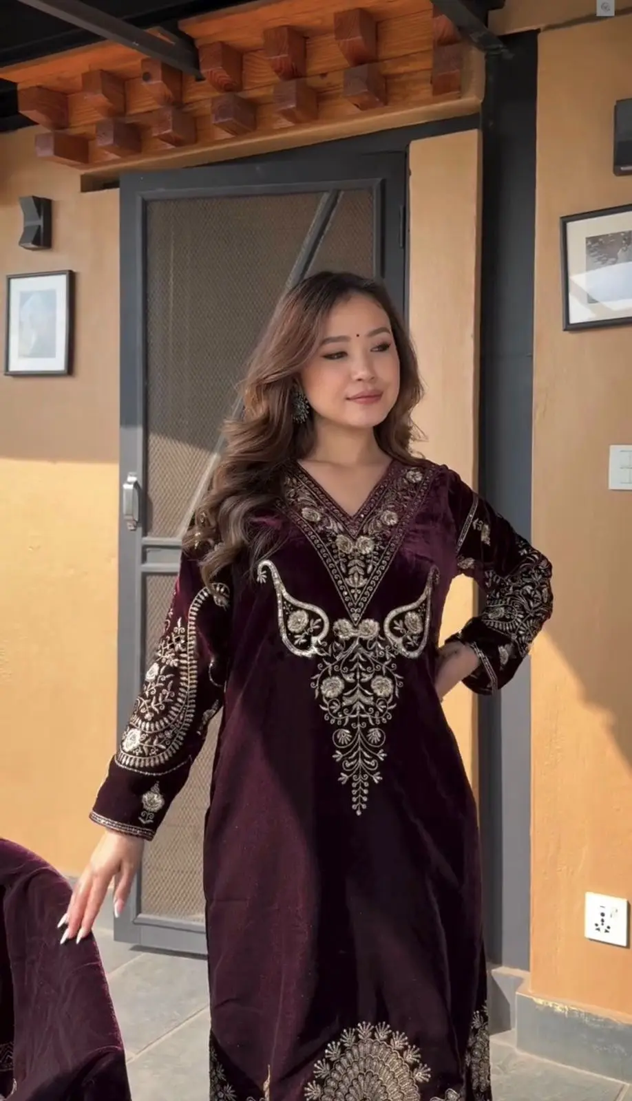 Imperial Maroon Velvet Ensemble with Exquisite Gold Embroidery