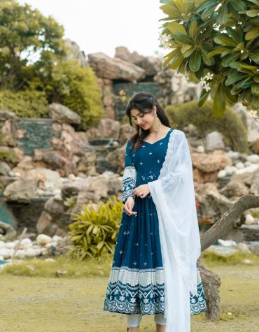 Navy Blue Embroidered Anarkali with White Dupatta