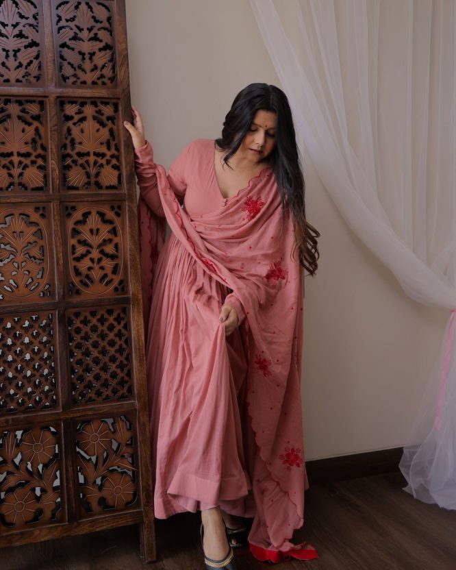 Blush Rose Anarkali Set with Embroidered Dupatta