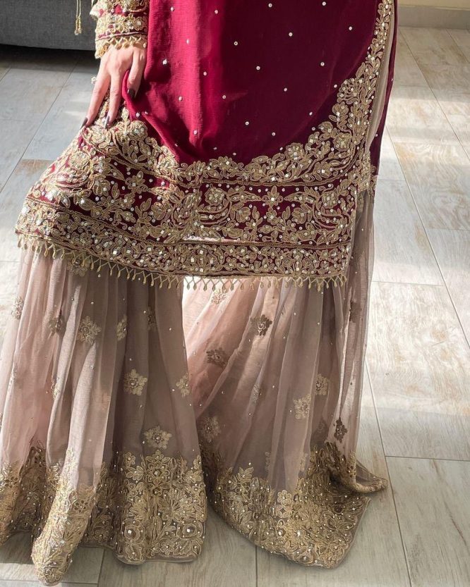 Wine Georgette Embroidered Kurti Sharara Set With Heavy Dupatta