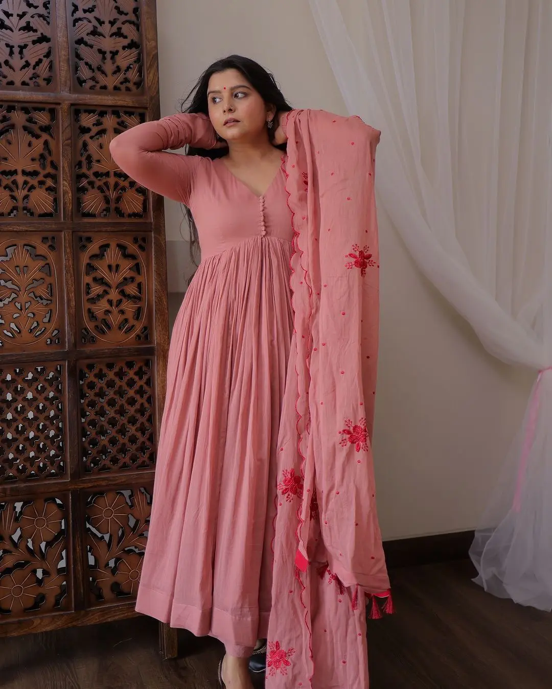 Blush Rose Anarkali Set with Embroidered Dupatta
