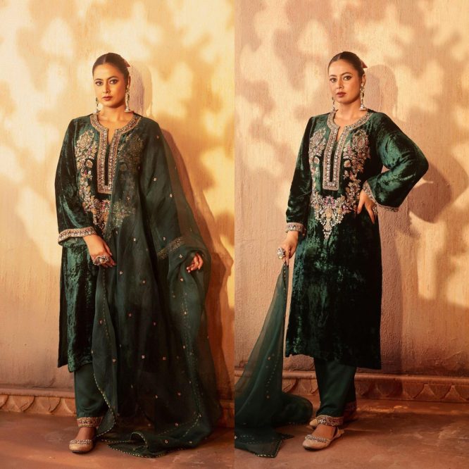 Elegant Green Velvet Embroidered Festive Ensemble