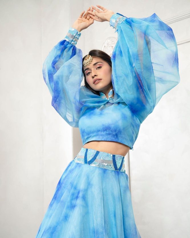Digital Print Organza Lehengas With Fancy Struck Sleeves