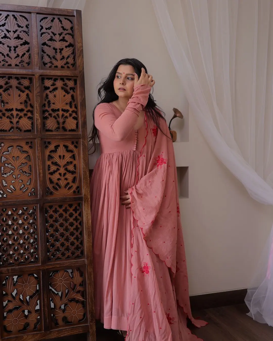 Blush Rose Anarkali Set with Embroidered Dupatta