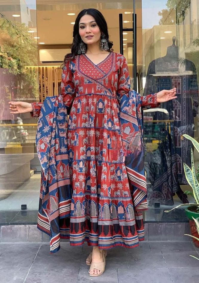 Chanderi Print Anarkali Suit Set