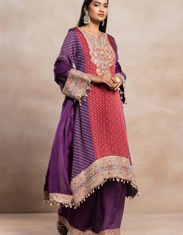 Red And Purple Bandhani Print Kurta Set With Palazzo And Dupatta