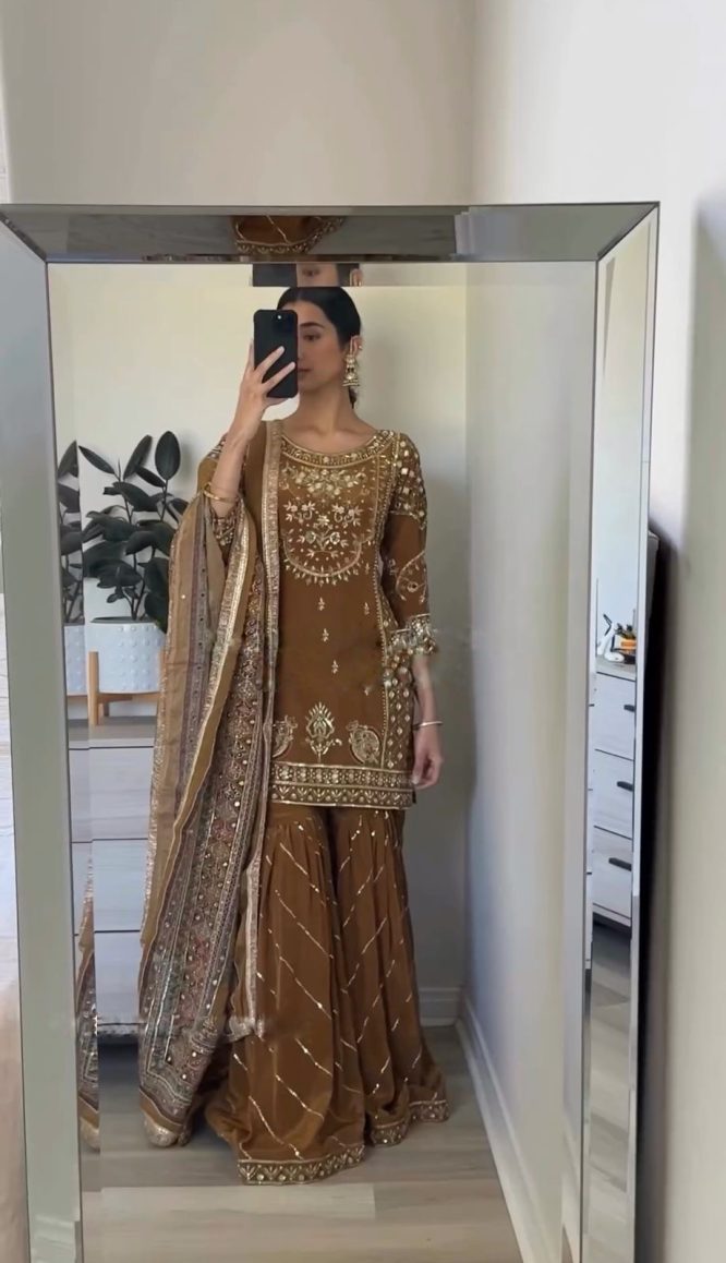 Golden Mocha Embroidered Palazzo Suit
