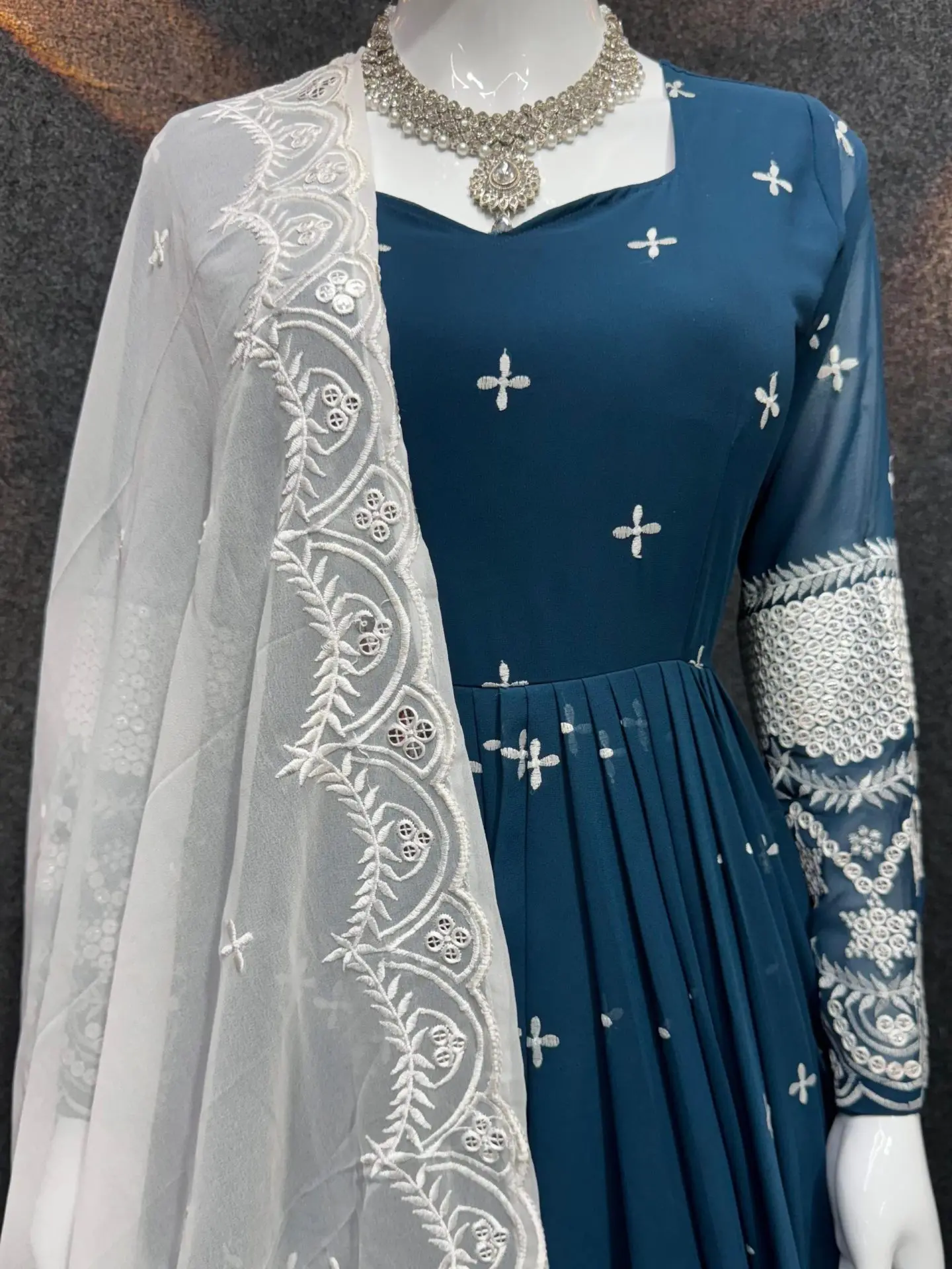 Navy Blue Embroidered Anarkali with White Dupatta