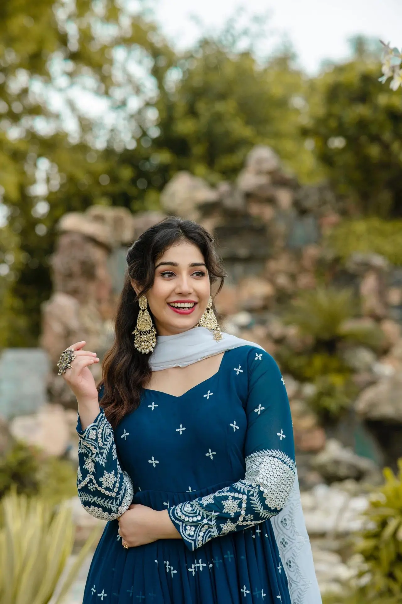 Navy Blue Embroidered Anarkali with White Dupatta