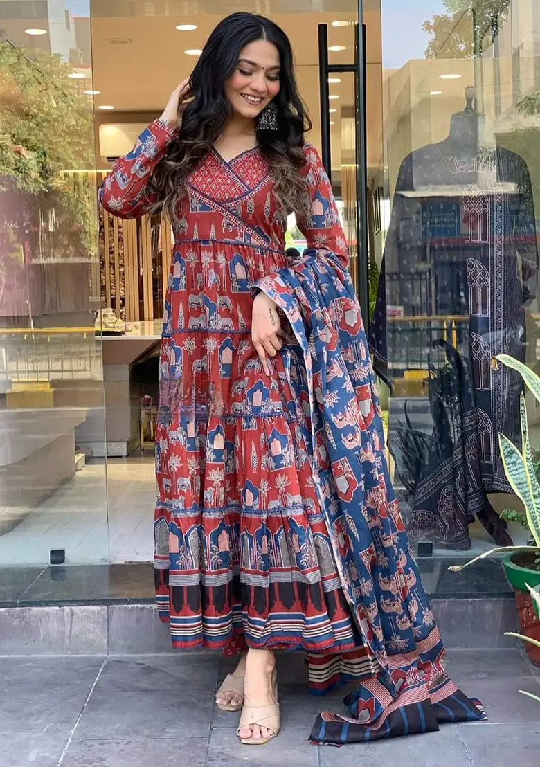 Chanderi Print Anarkali Suit Set