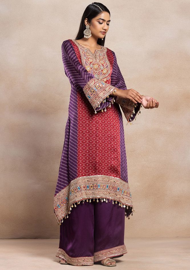 Red And Purple Bandhani Print Kurta Set With Palazzo And Dupatta