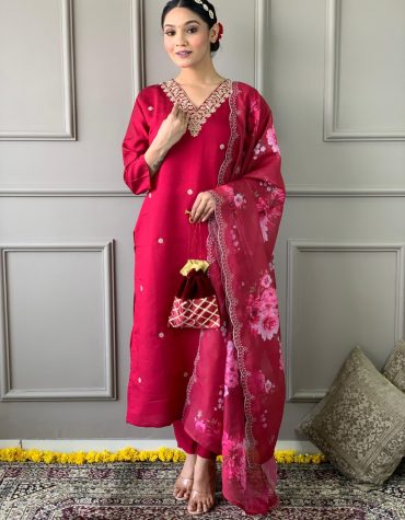 Chanderi Silk Embroidered Kurta Set with Floral Dupatta