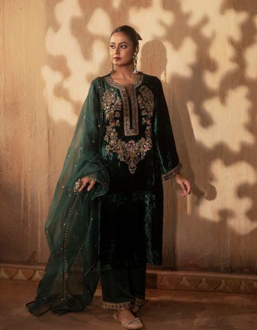 Elegant Green Velvet Embroidered Festive Ensemble