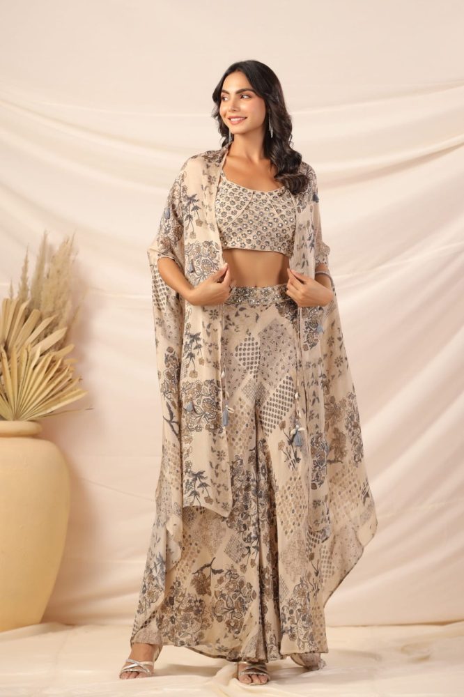 Elegant Croptop Palazzo and Cape Set