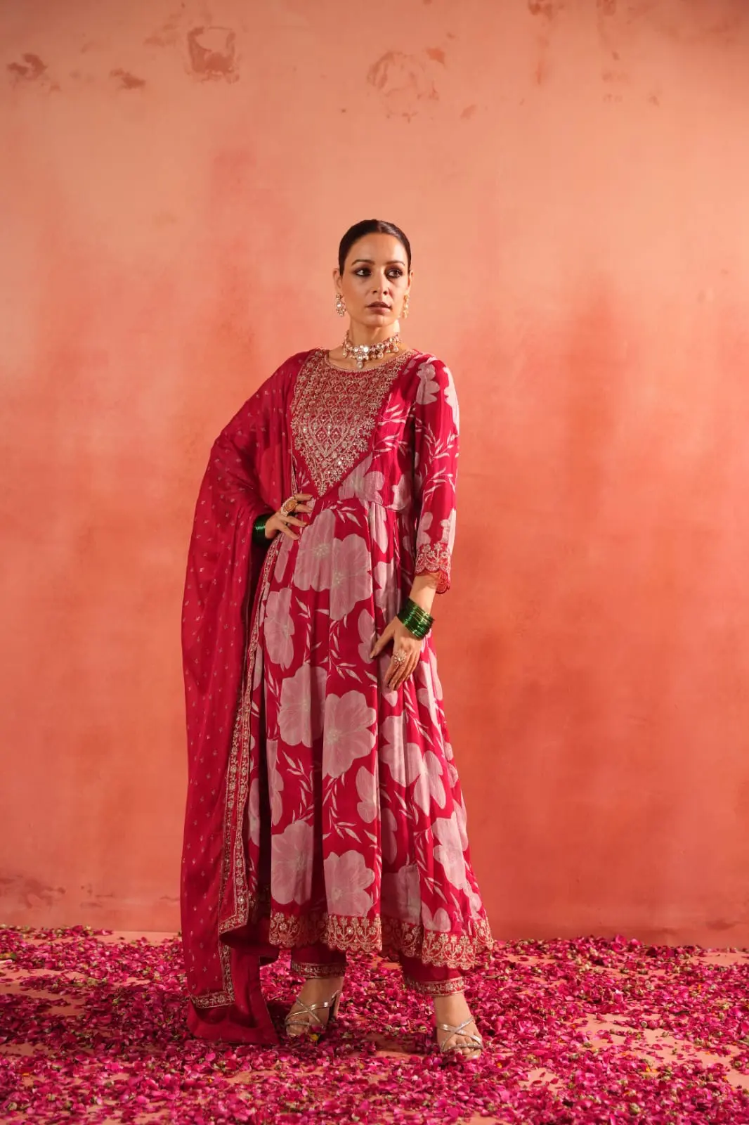 Premium Chinnon Floral Anarkali Suit Set With Dupatta