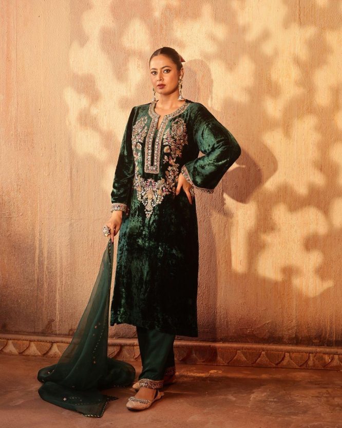 Elegant Green Velvet Embroidered Festive Ensemble