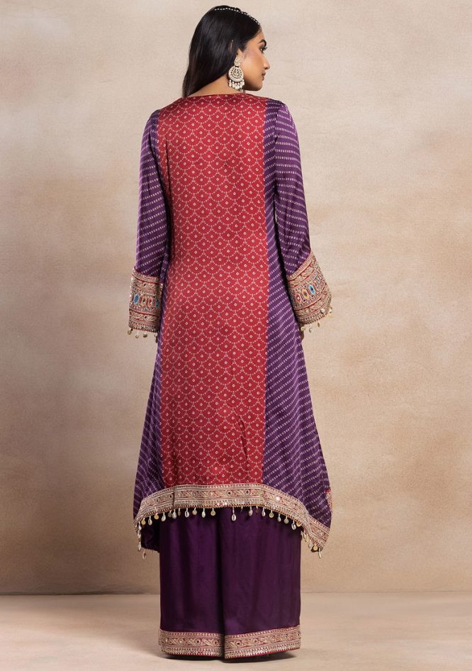 Red And Purple Bandhani Print Kurta Set With Palazzo And Dupatta