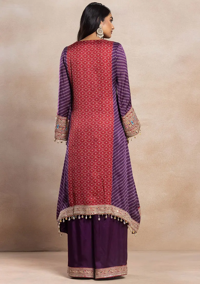 Red And Purple Bandhani Print Kurta Set With Palazzo And Dupatta