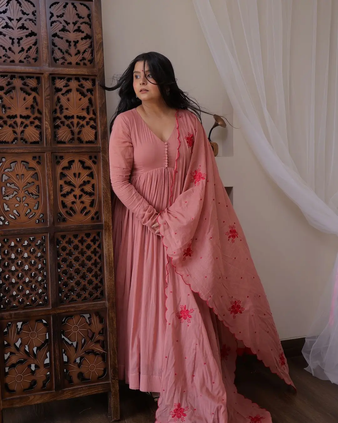 Blush Rose Anarkali Set with Embroidered Dupatta