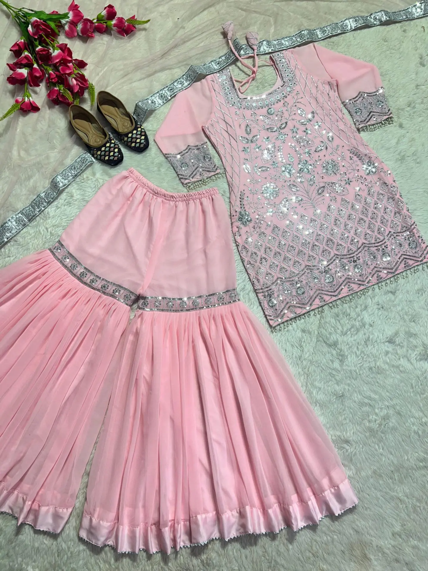 Blush Pink Pearl Embellished Sharara Set