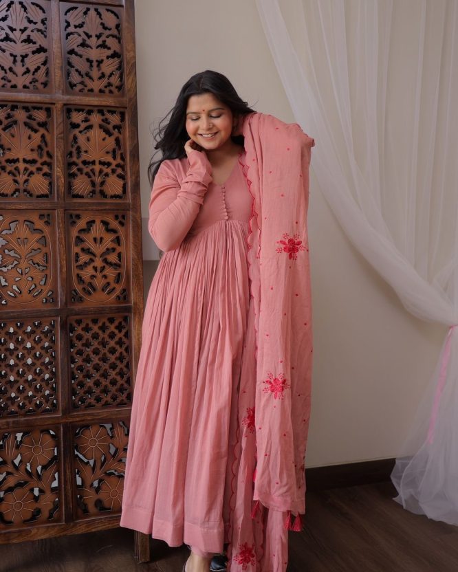 Blush Rose Anarkali Set with Embroidered Dupatta