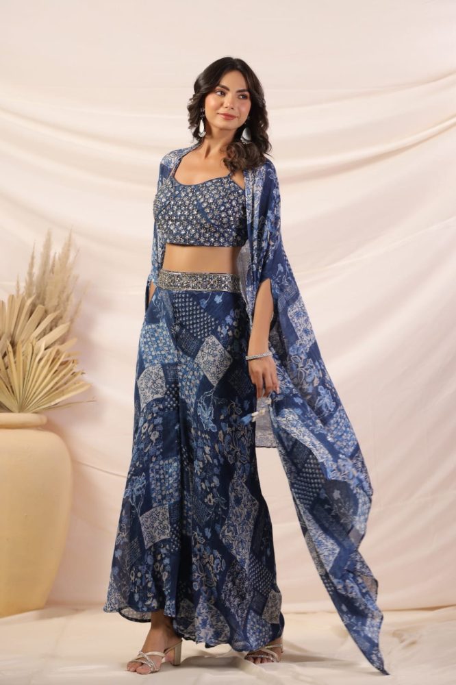 Elegant Croptop Palazzo and Cape Set