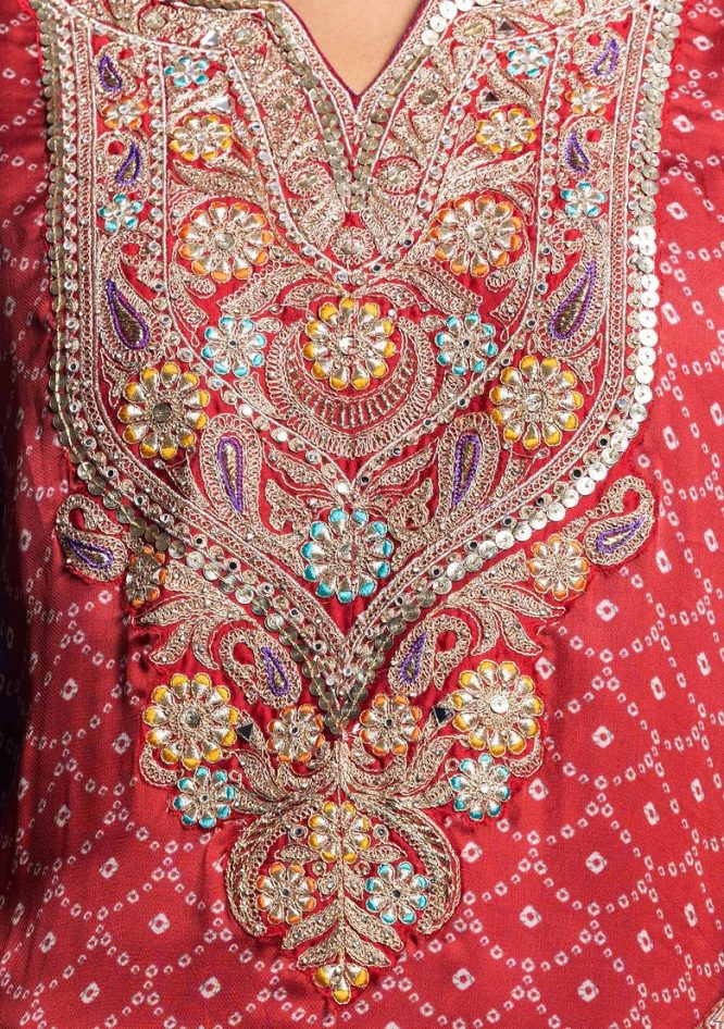 Red And Purple Bandhani Print Kurta Set With Palazzo And Dupatta