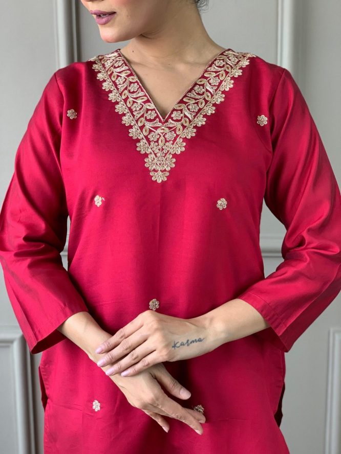 Chanderi Silk Embroidered Kurta Set with Floral Dupatta