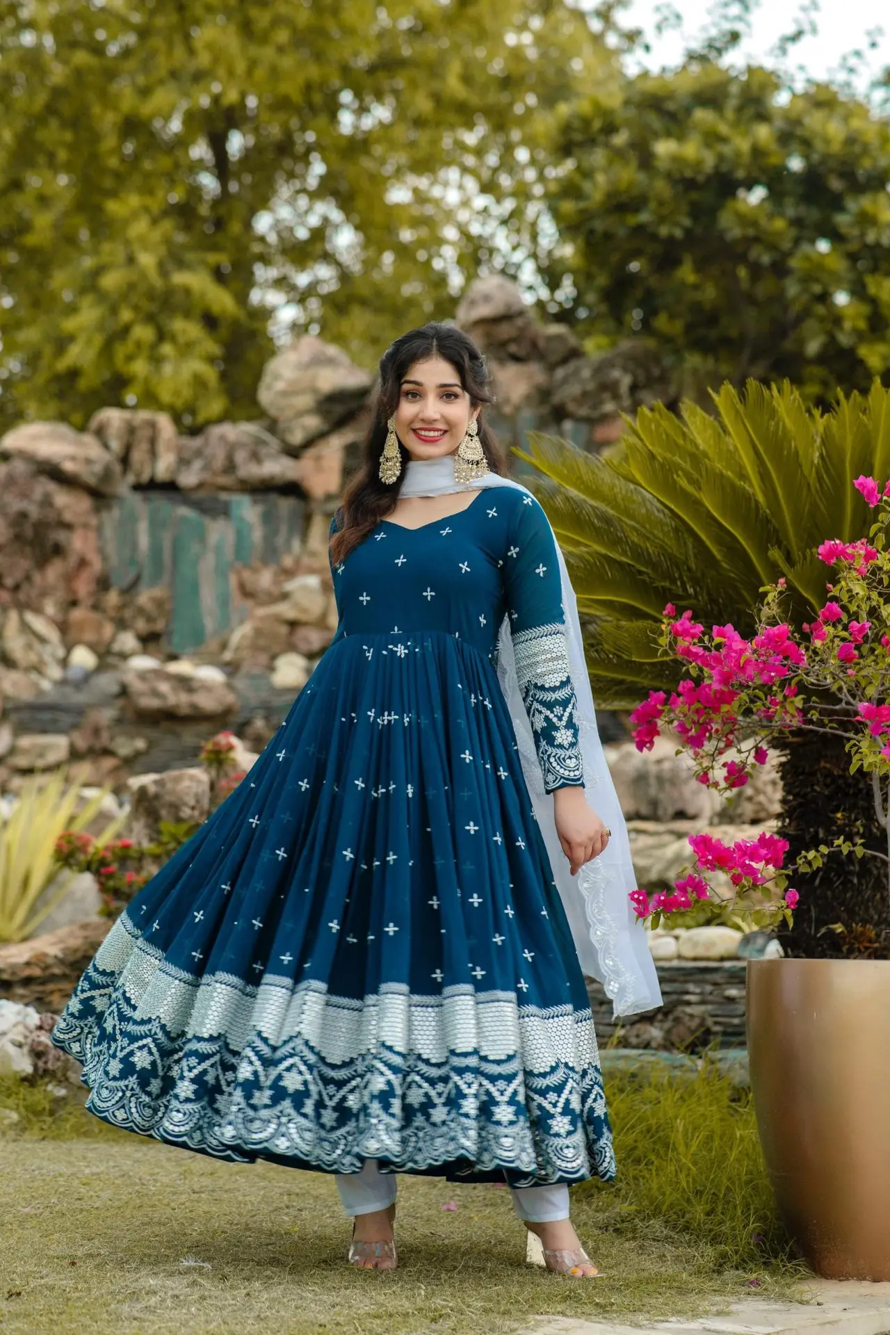 Navy Blue Embroidered Anarkali with White Dupatta