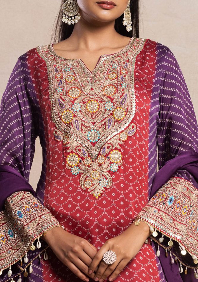 Red And Purple Bandhani Print Kurta Set With Palazzo And Dupatta