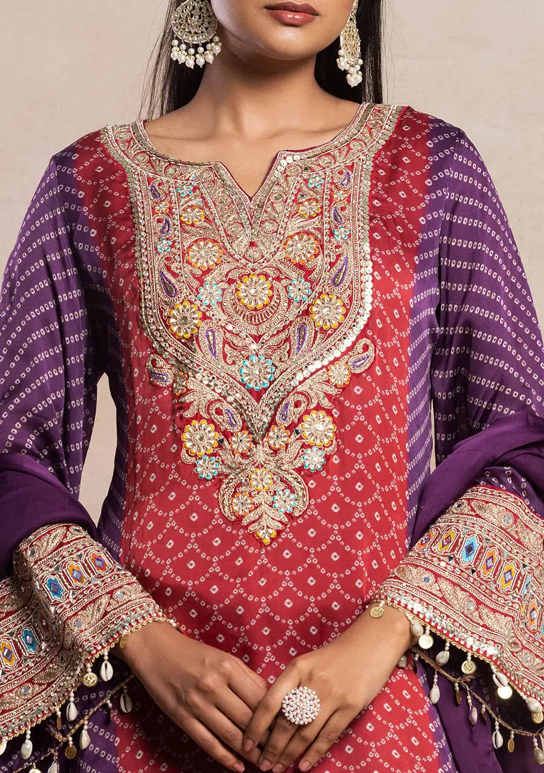 Red And Purple Bandhani Print Kurta Set With Palazzo And Dupatta