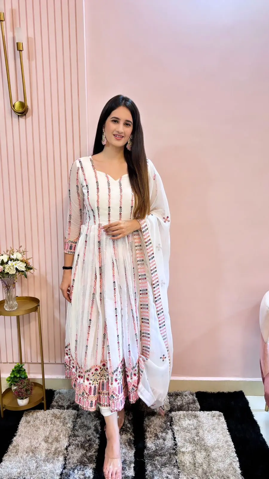 Elegant Ivory Embroidered Anarkali Suit with Floral Motifs