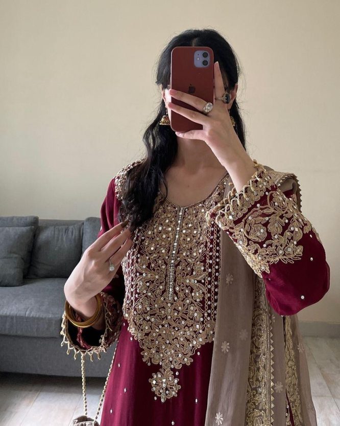Wine Georgette Embroidered Kurti Sharara Set With Heavy Dupatta