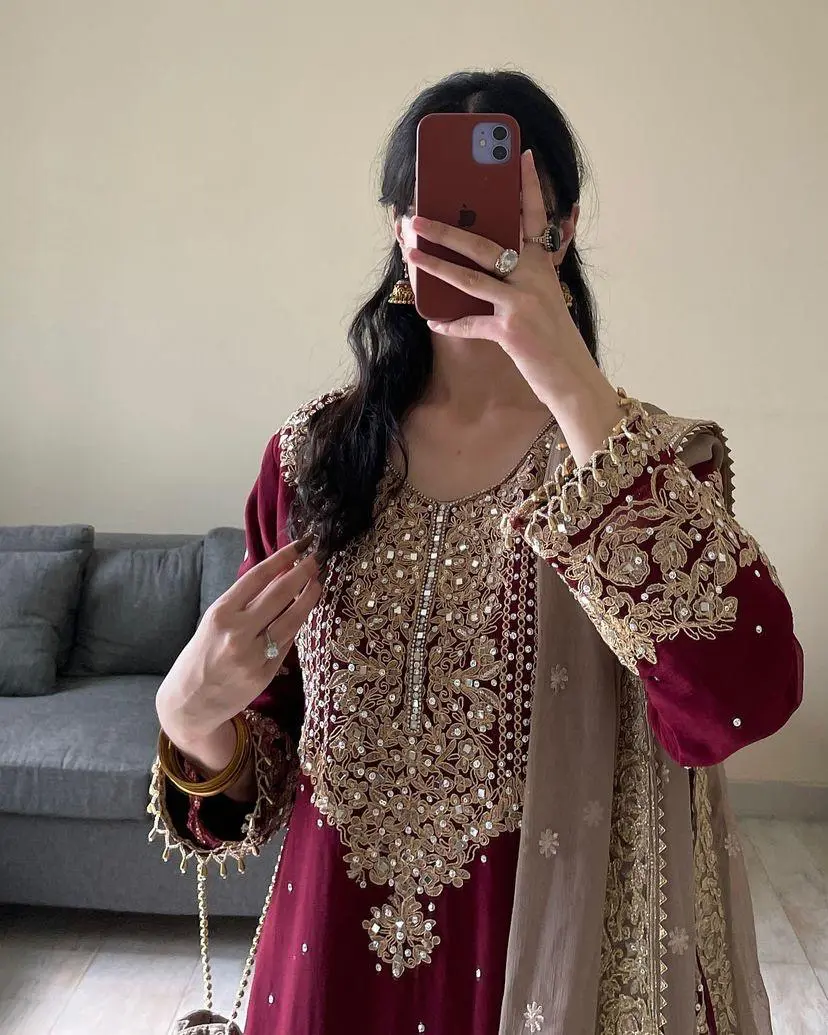 Wine Georgette Embroidered Kurti Sharara Set With Heavy Dupatta