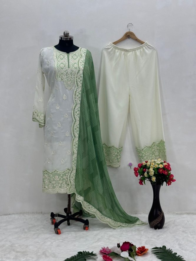 Pearl White Georgette Chine Sequins Work Pakistani Suit