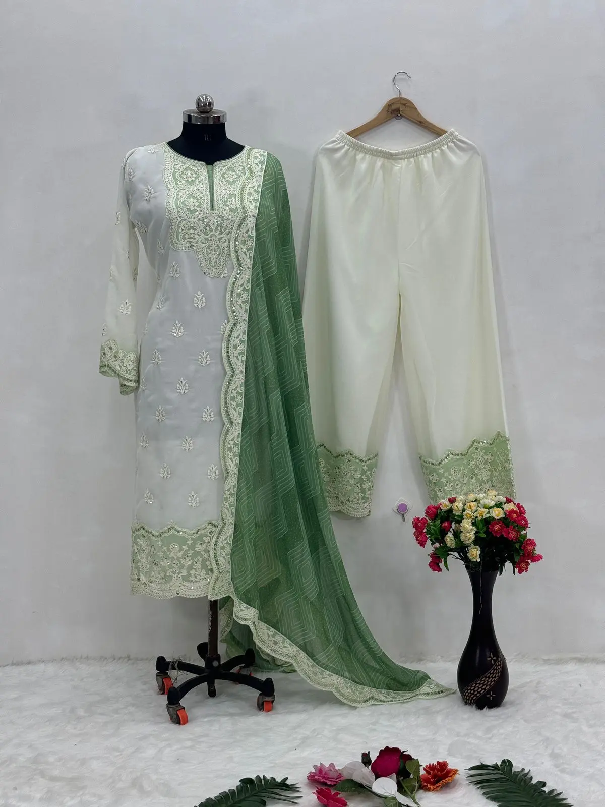 Pearl White Georgette Chine Sequins Work Pakistani Suit