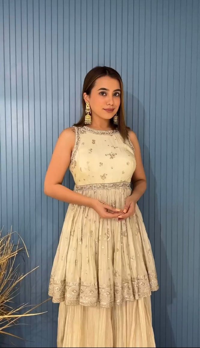 Ivory Peplum Top and Sharara Set with Zardosi Accents