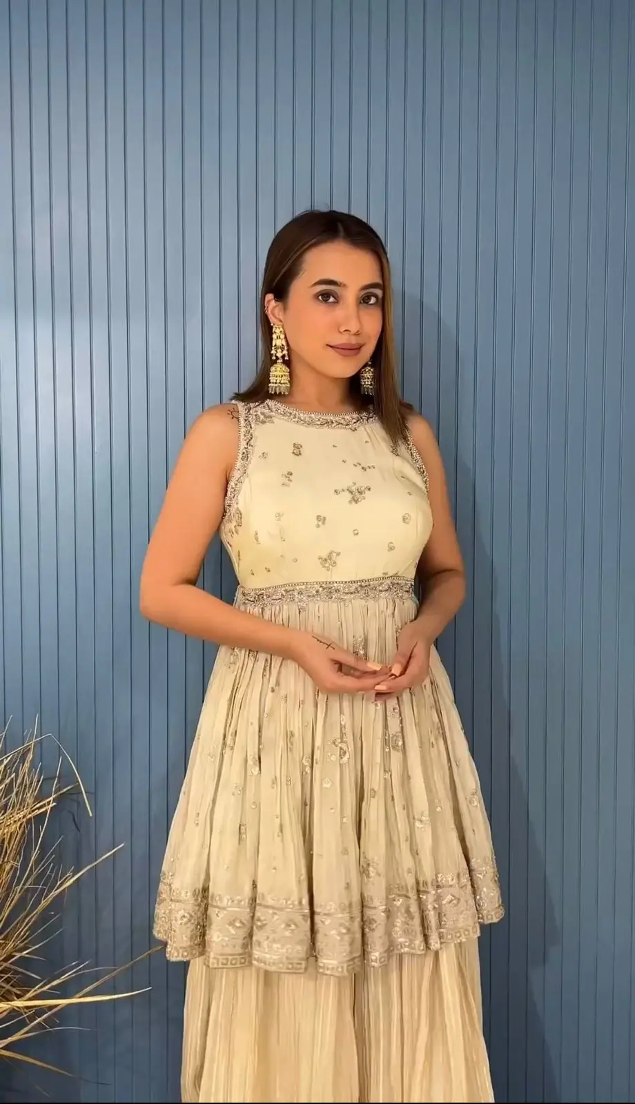 Ivory Peplum Top and Sharara Set with Zardosi Accents