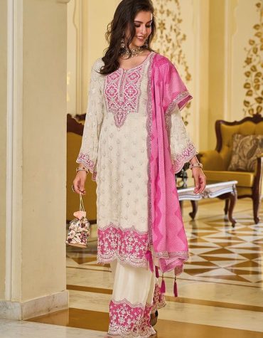 Pearl White Georgette Chine Sequins Work Pakistani Suit