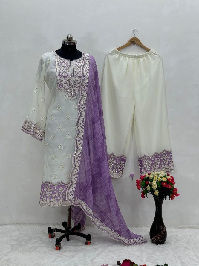 Pearl White Georgette Chine Sequins Work Pakistani Suit