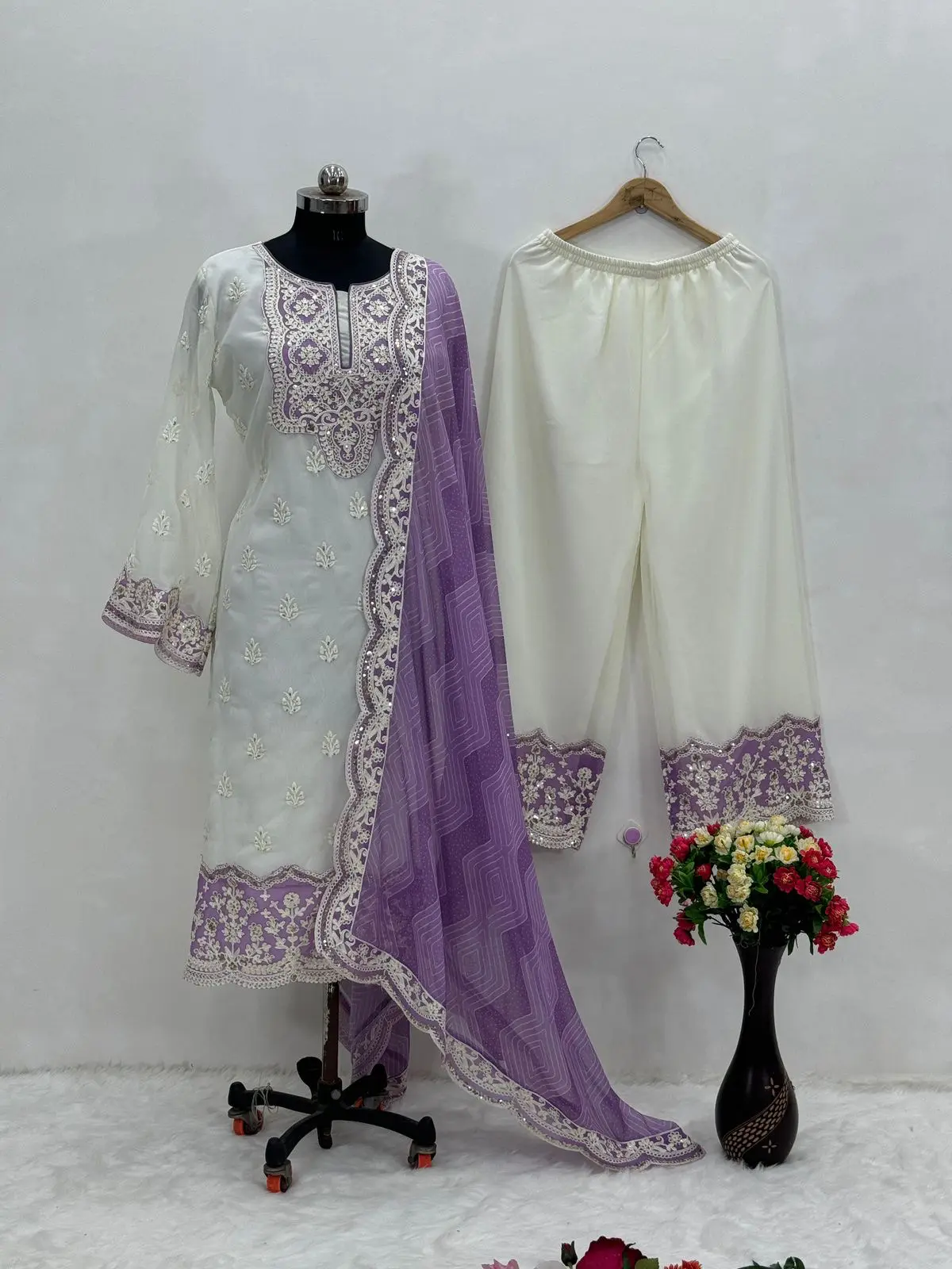 Pearl White Georgette Chine Sequins Work Pakistani Suit